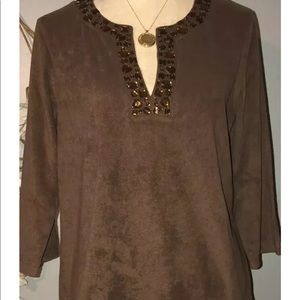 Quacker Factory Brown w/ Sequenced Neck Line Dress